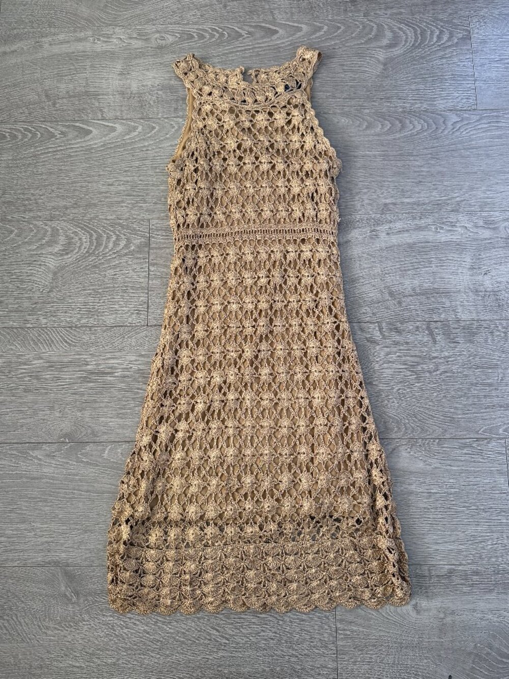 INC International Concepts Gold Metallic Crochet Maxi Dress Size S